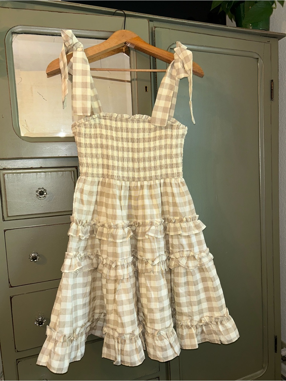Beige Gingham Tie-Strap tiered Dress - Picture 1 of 2
